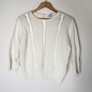 Vintage Cristina Sweater Ribbon See Through Crew Neck Cropped Women Size M